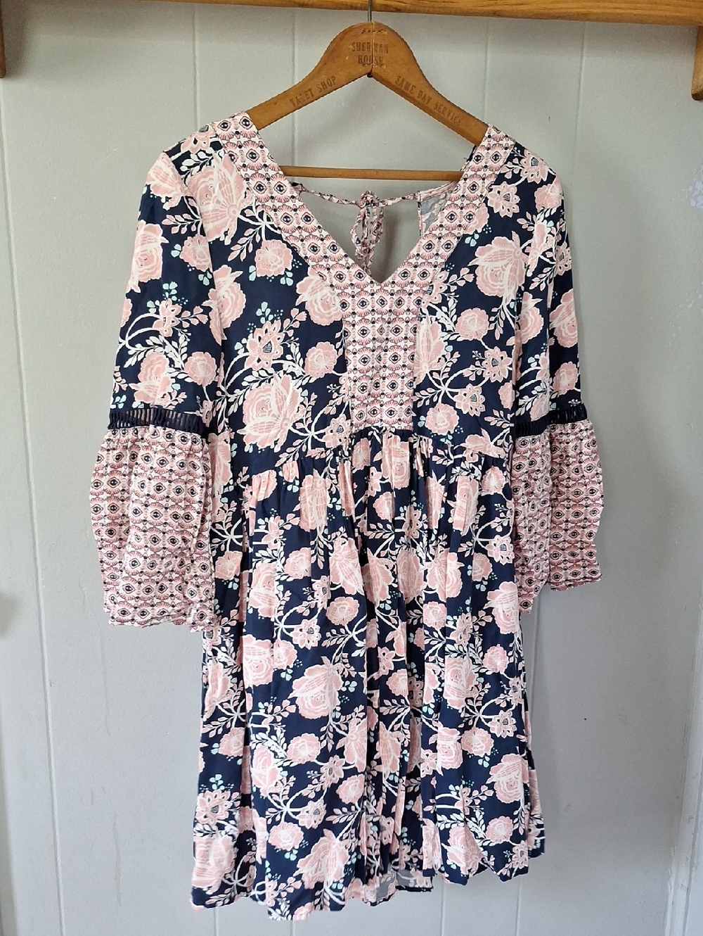 True Craft Navy Blue and Blush Pink Printed Boho Top
